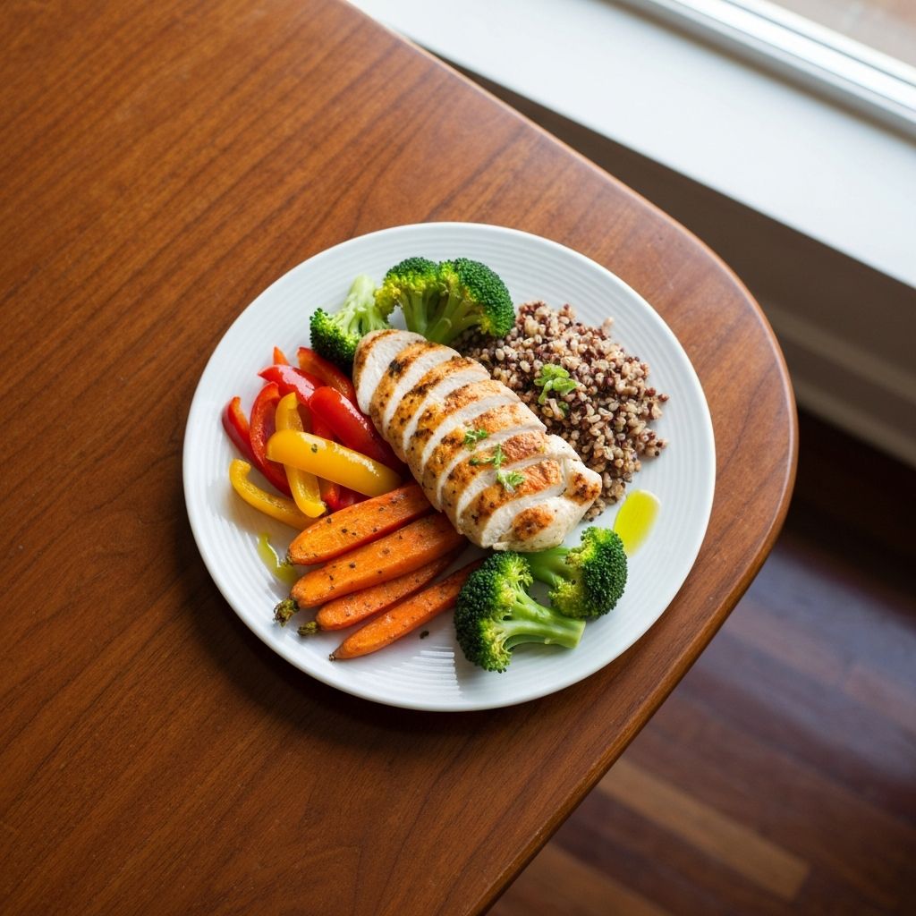 Balanced meal plate with lean protein, whole grains, vegetables, and healthy fats